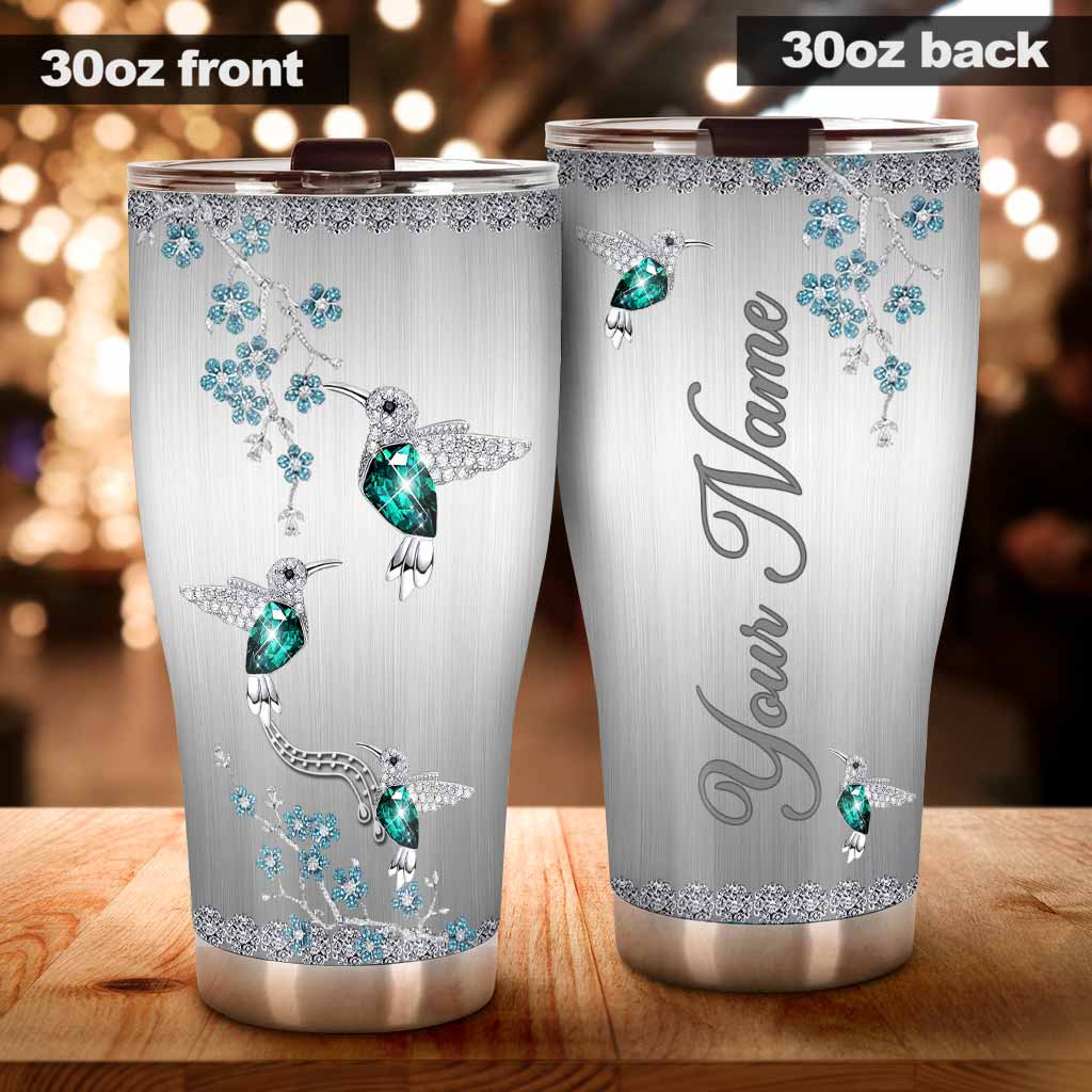 Green Hummingbirds - Personalized Tumbler With Metal Pattern Print 112021