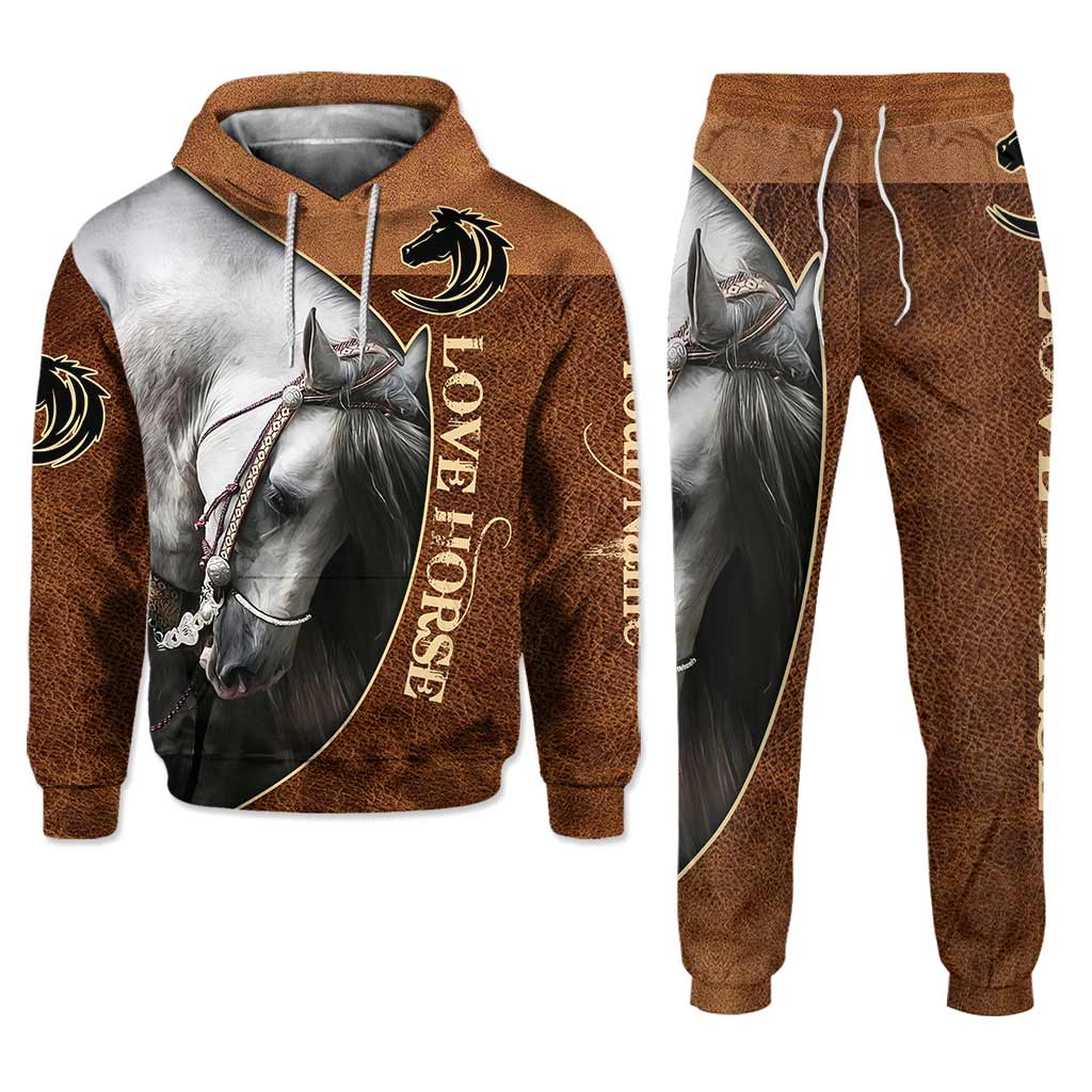 Love Horses - Personalized Horse Hoodie and Sweatpants With Leather Pattern Print