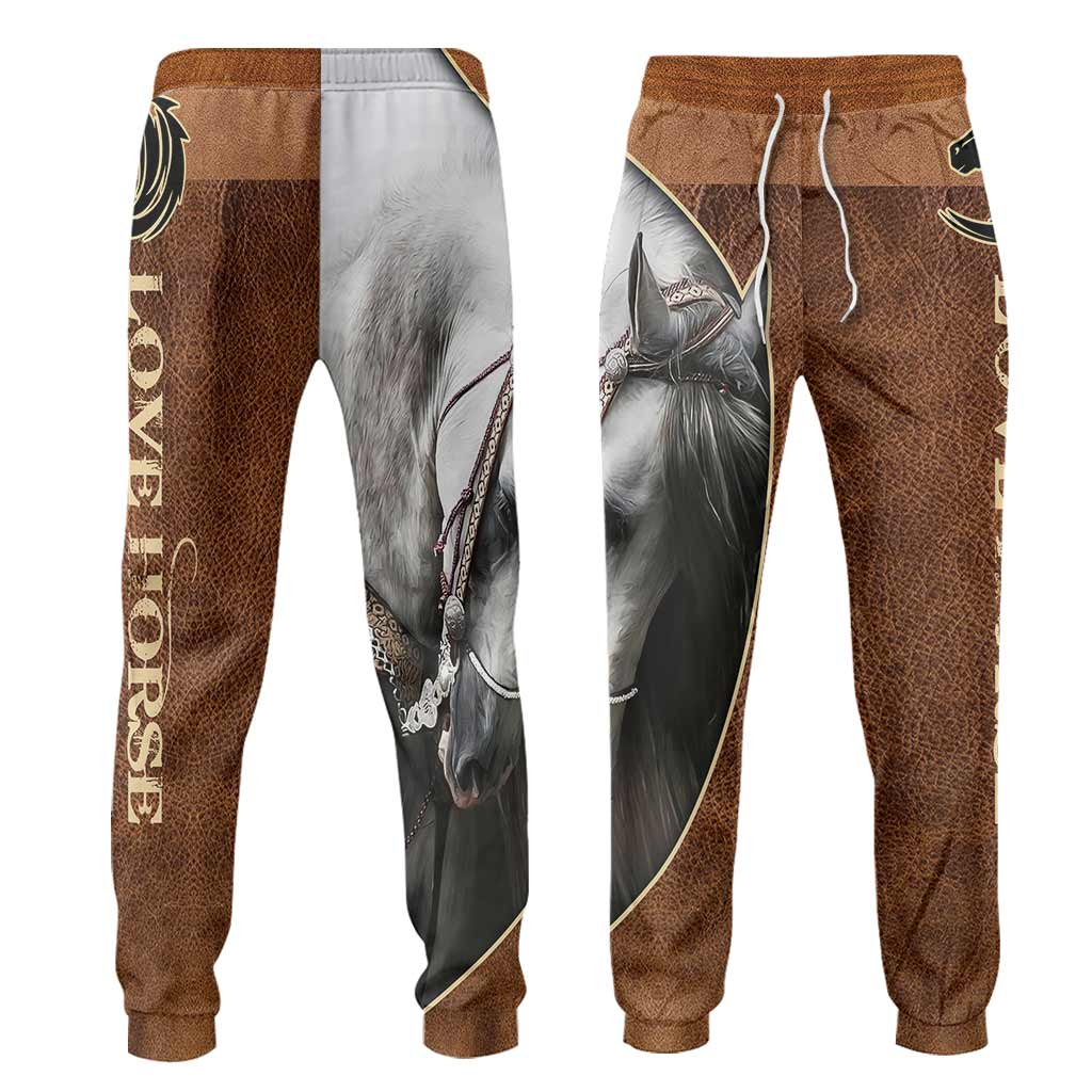 Love Horses - Personalized Horse Hoodie and Sweatpants With Leather Pattern Print