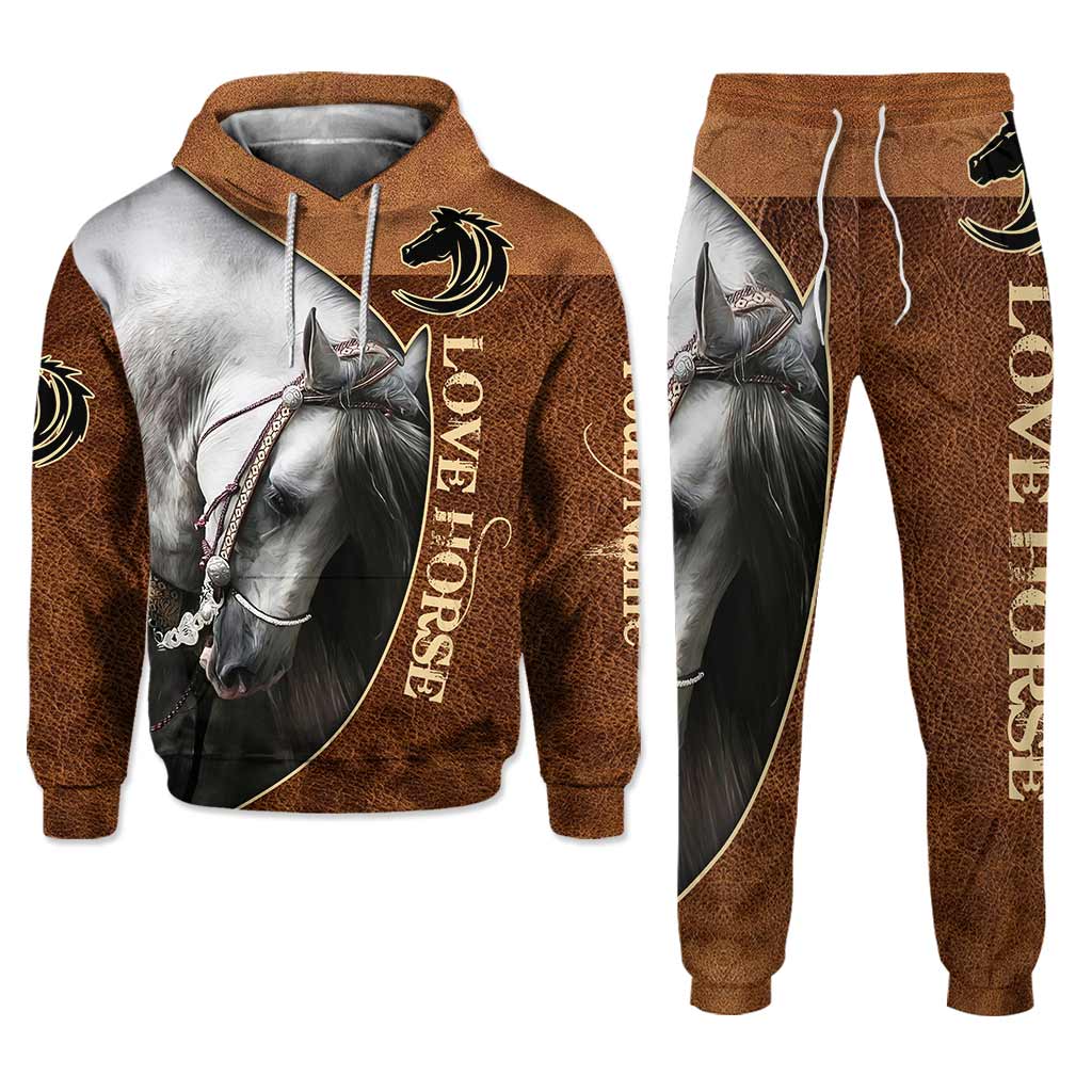 Love Horses - Personalized Horse Hoodie and Sweatpants With Leather Pattern Print