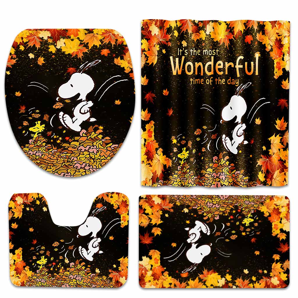 Most Wonderful Time Of The Day Autumn Leaf White Puppy - Fall Bathroom Curtain & Mats Set