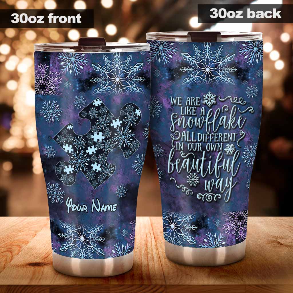 We Are Like Snowflakes Blue Purple Snowflakes - Personalized Christmas Autism Awareness Tumbler