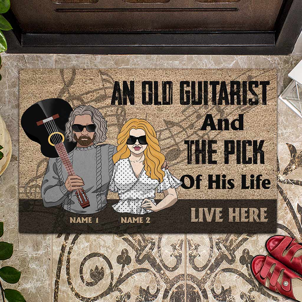 An Old Guitarist And The Pick Of His Life Live Here - Personalized Guitar Doormat