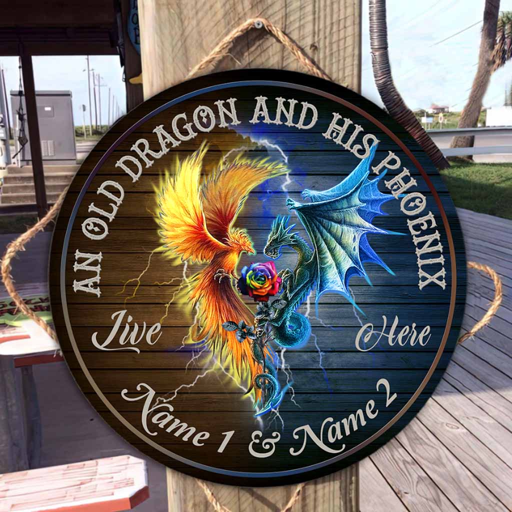 An Old Dragon And His Phoenix Live Here Personalized Round Wood Sign