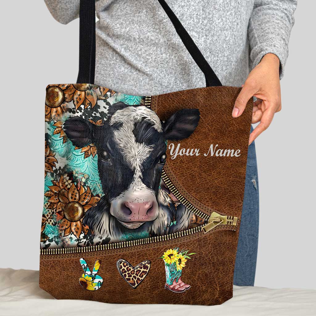 Cowhide Sunflower - Personalized Cow Tote Bag