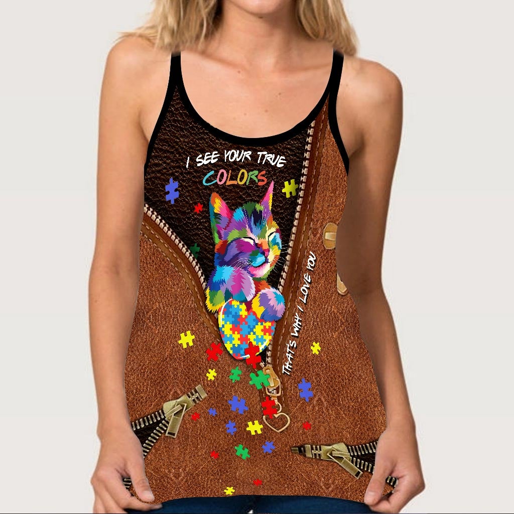 I See Your True Color - Autism Awareness Leather Pattern Print Cross Tank Top