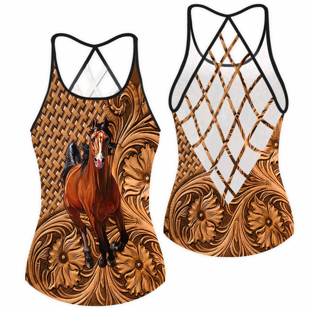 Love Horses Leather Pattern Print Cross Tank Top