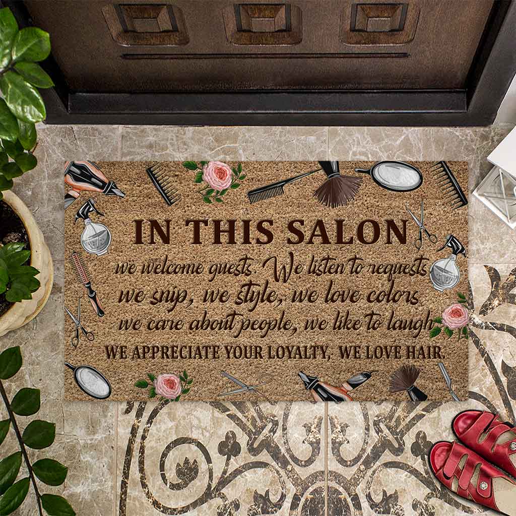 In This Salon We Welcome Guests - Hairdresser Coir Pattern Print Doormat