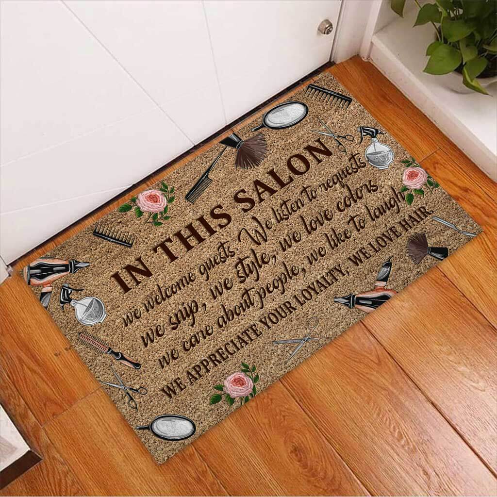 In This Salon We Welcome Guests - Hairdresser Coir Pattern Print Doormat