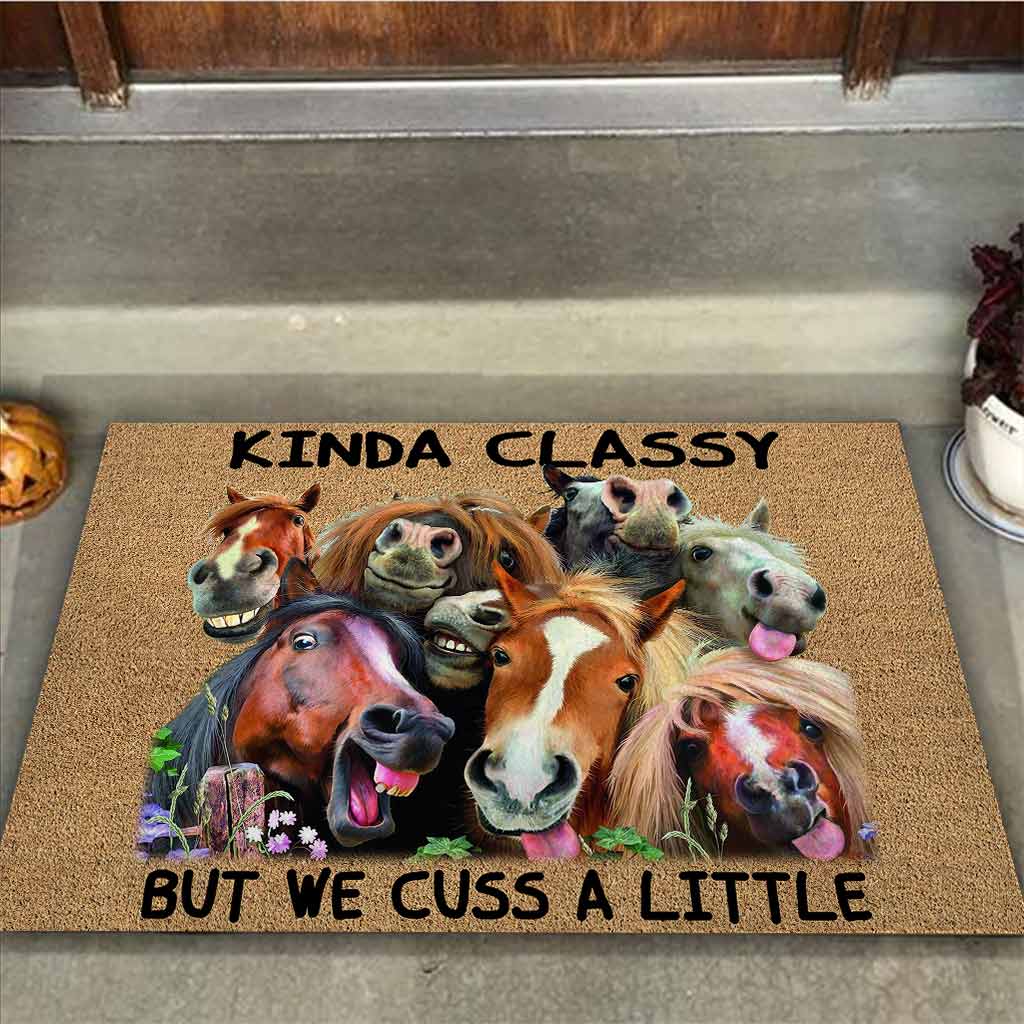 Kinda Classy But We Cuss A Little - Horse Coir Pattern Print Doormat