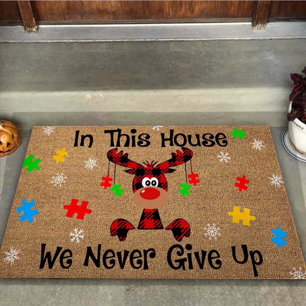 In This House We Never Give Up - Autism Awareness Coir Pattern Print Doormat