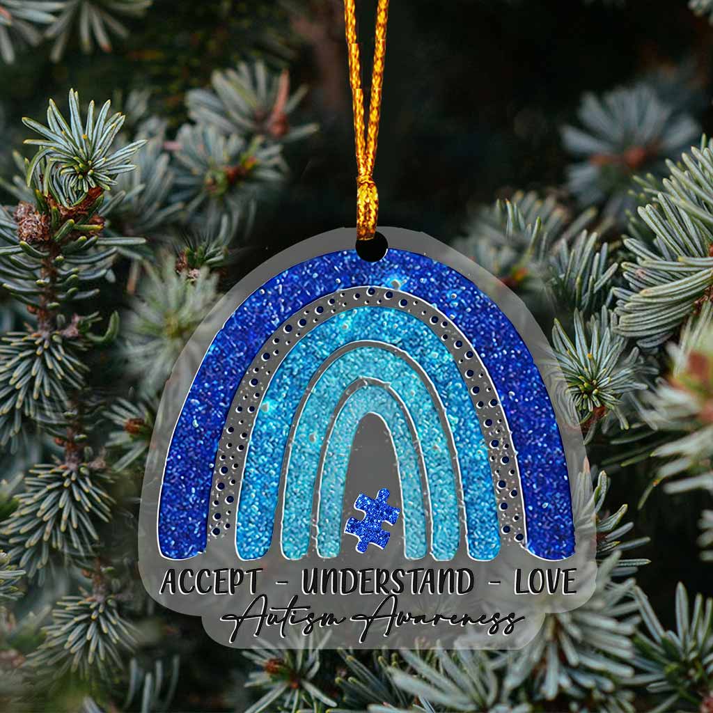 Accept Understand Love Blue Puzzle Rainbow - Christmas Autism Awareness Transparent Ornament With Faux Glitter Pattern Print