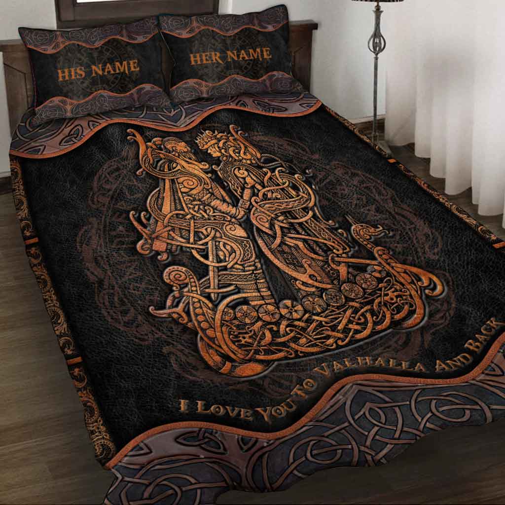 I Love You To Valhalla And Back - Personalized Viking Quilt Set With Leather Pattern Print