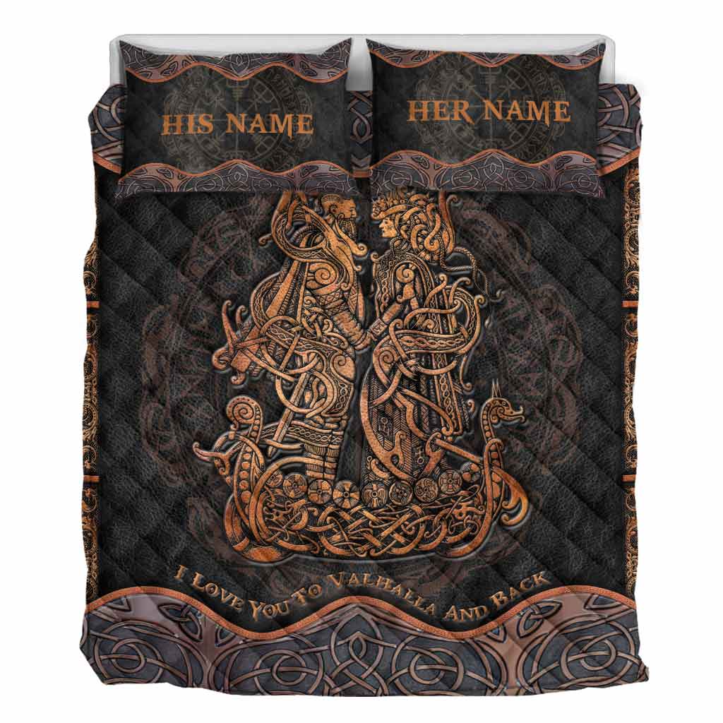 I Love You To Valhalla And Back - Personalized Viking Quilt Set With Leather Pattern Print