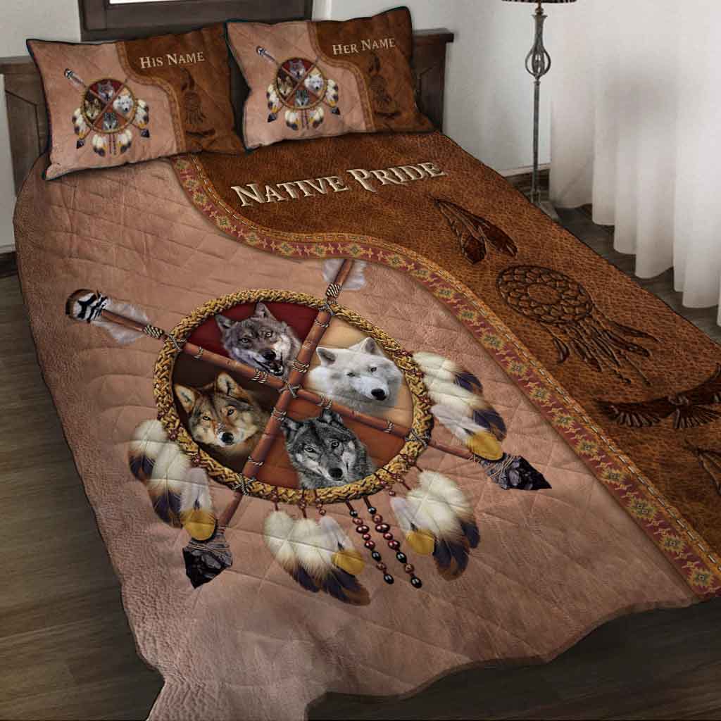 Native Blood - Personalized American Indian Quilt Set With Leather Pattern Print