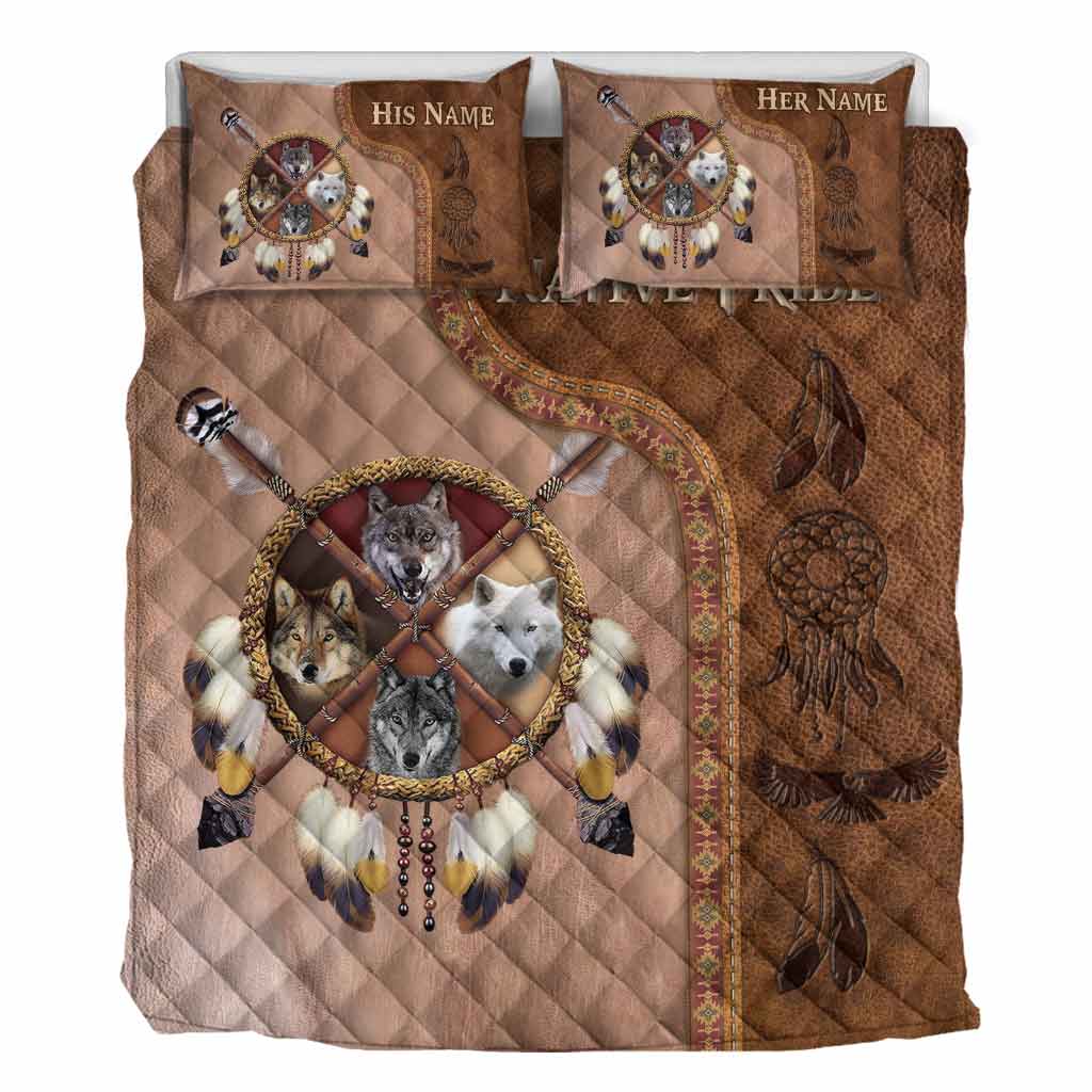 Native Blood - Personalized American Indian Quilt Set With Leather Pattern Print