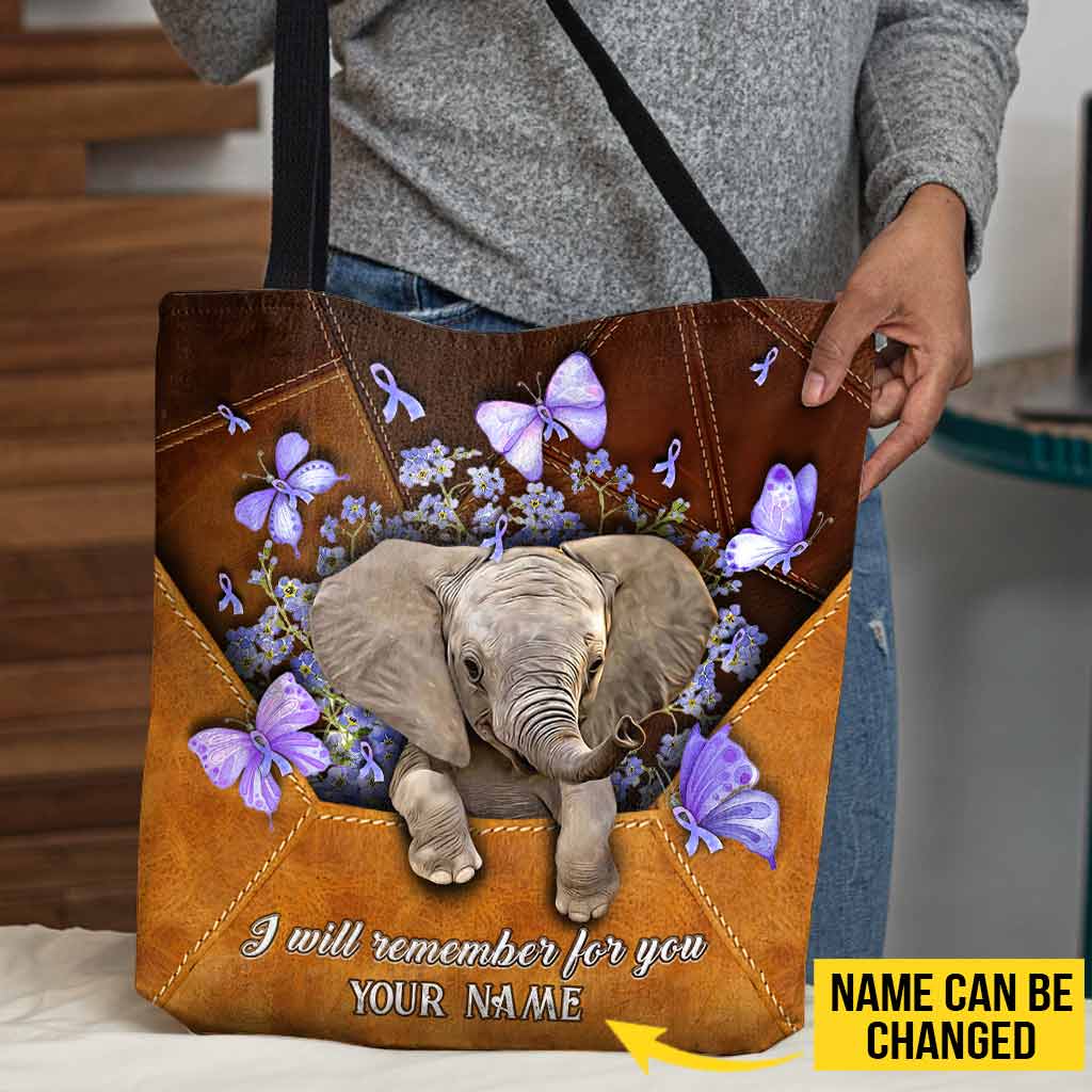 I Will Remember For You Envelope Elephant Purple Flowers - Alzheimer Awareness Personalized Tote Bag