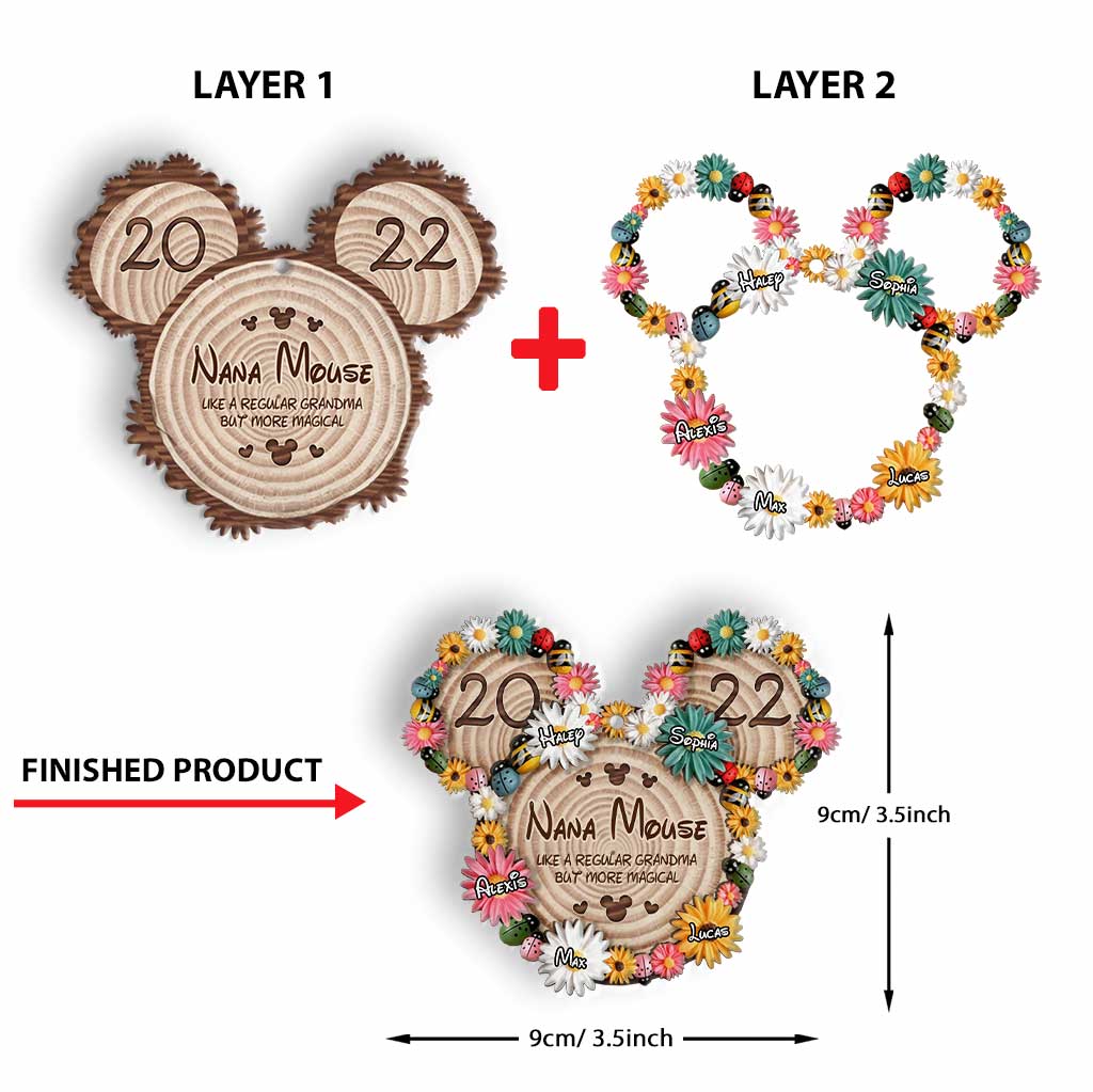 Magical Nana Flowers Mouse Ears - Personalized Christmas Grandma Layered Wood Ornament