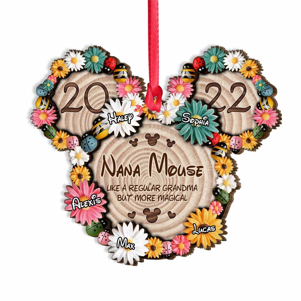 Magical Nana Flowers Mouse Ears - Personalized Christmas Grandma Layered Wood Ornament