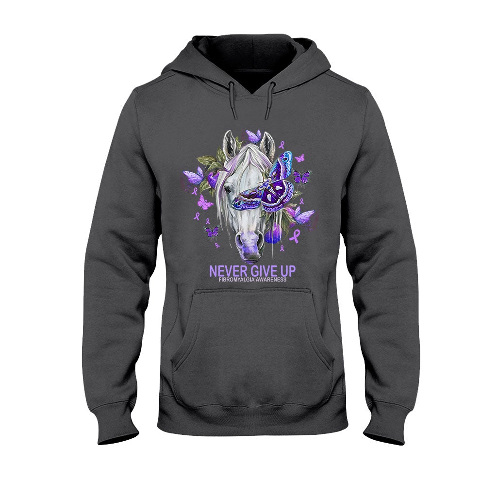 Never Give Up Horse Purple Butterfly - Fibromyalgia Awareness T-shirt and Hoodie 112021