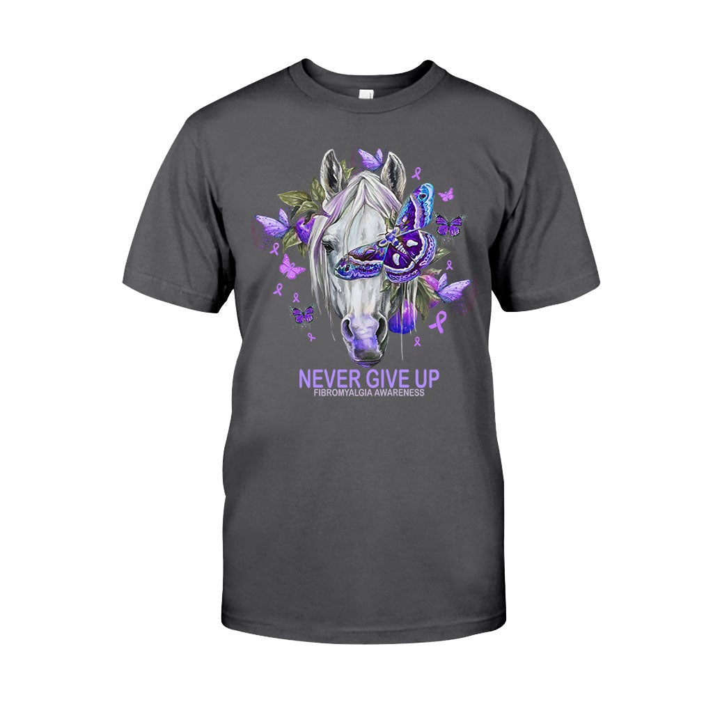 Never Give Up Horse Purple Butterfly - Fibromyalgia Awareness T-shirt and Hoodie 112021