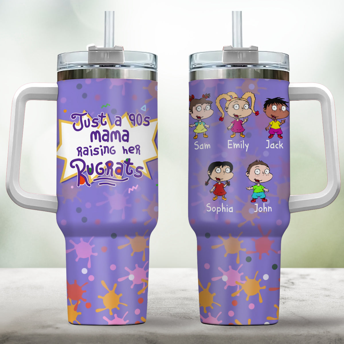 Just A Mama Raising Her Kids - Personalized 90's Cartoon Tumbler With Handle