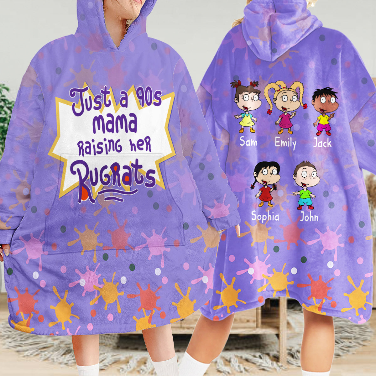 Just A Mama Raising Her Kids - Personalized 90's Cartoon Blanket Hoodie