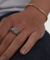 Courage Signet Ring featuring an evil eye design worn on a person's finger, symbolizing protection against envy and evil.
