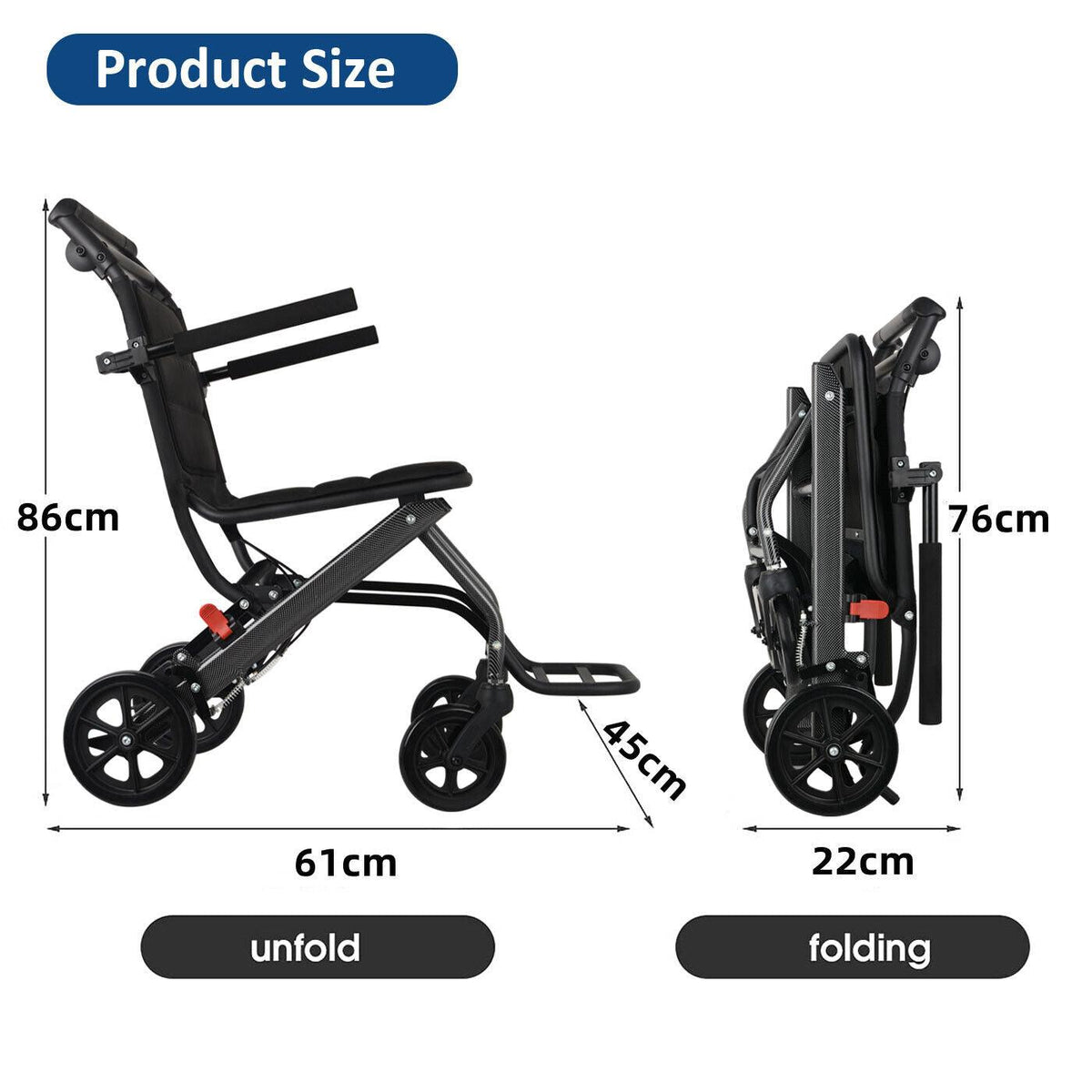 UltraLite: Lightweight Foldable Aluminium Portable Wheelchair  Black with Handbrakes