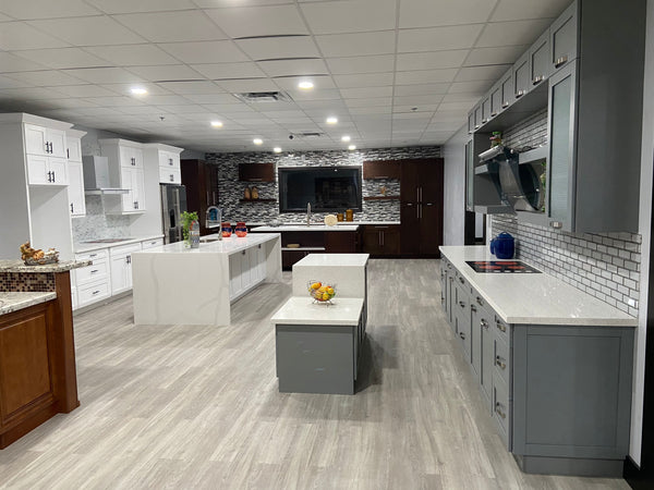 Showroom of PKB Cabinetry featuring grey RTA shaker cabinetry