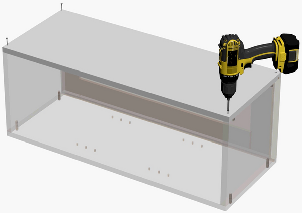 Automatic drill screwing in 1 1/4" flat head wood screws into an RTA wall cabinet