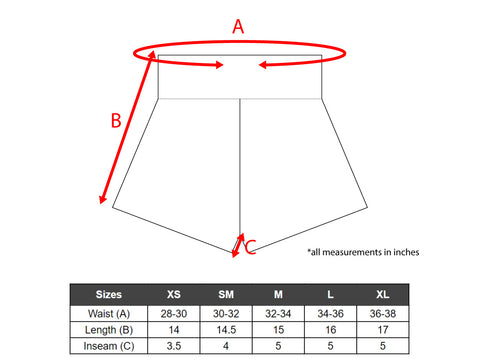 Sizing Chart for Matsuri Fightwear Co. Muay Thai Shorts