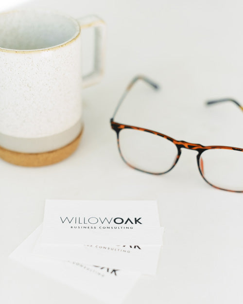 Willow Oak business cards with glasses and coffee cup