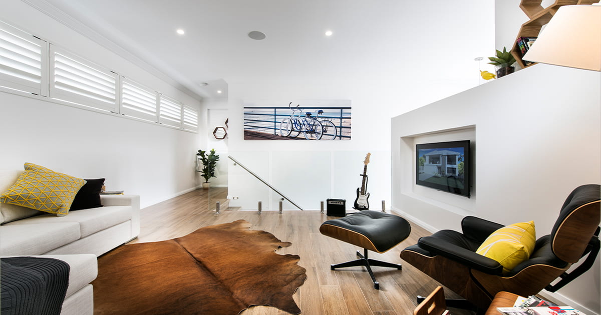 Living room with timber plantation shutters.