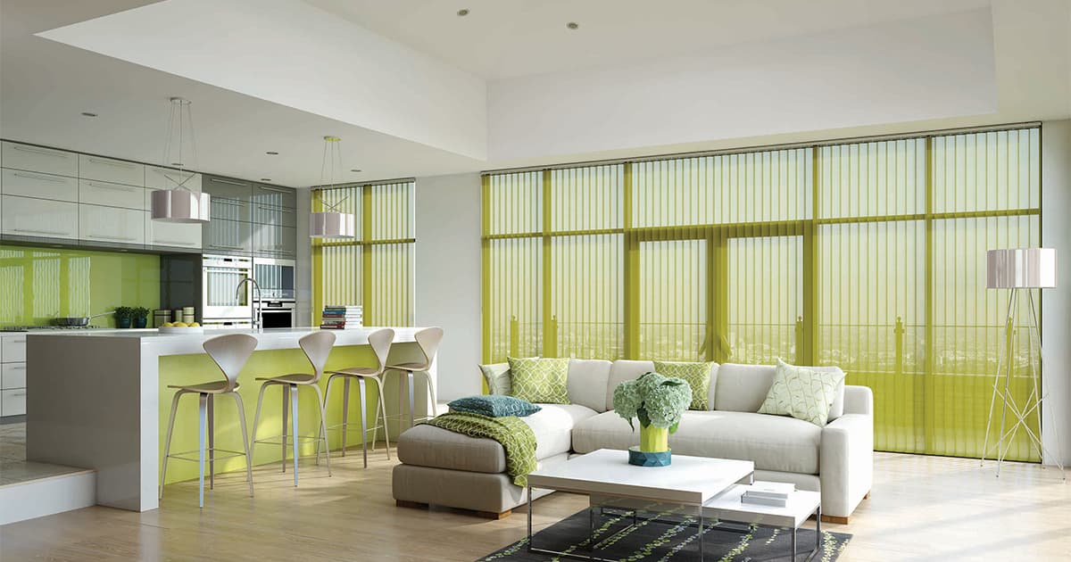 Living room with golden green vertisheer blinds