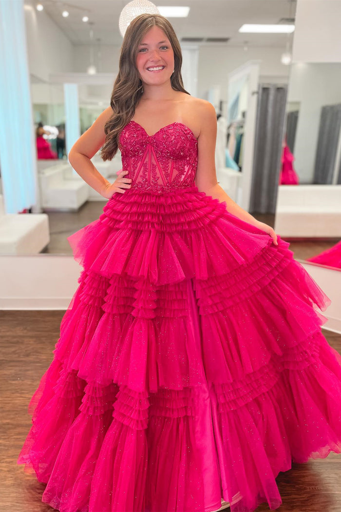 DDreamdressy Hot Pink Princess A-Line Lace and Tulle Prom Dress Hot Pink / Custom Size