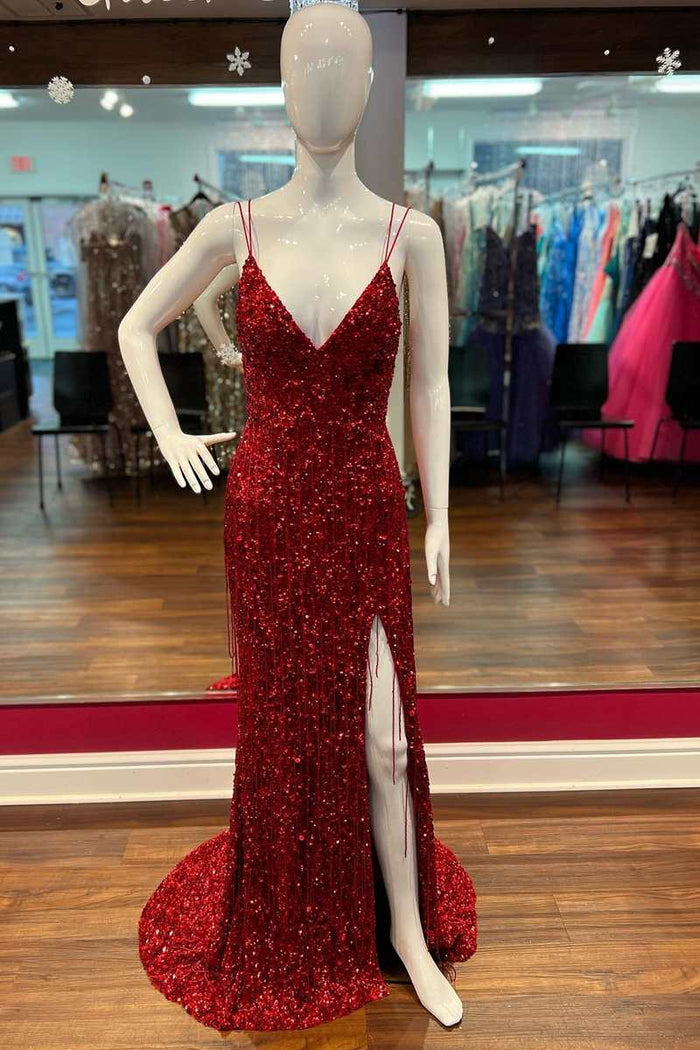 V-neckline Red Sequin Evening Prom Dresses Mermaid Style – loveangeldress