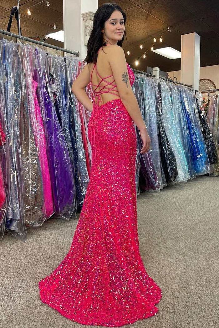 Hot Pink Sequin Plunge V Backless Mermaid Long Prom Dress with Slit –  Dreamdressy