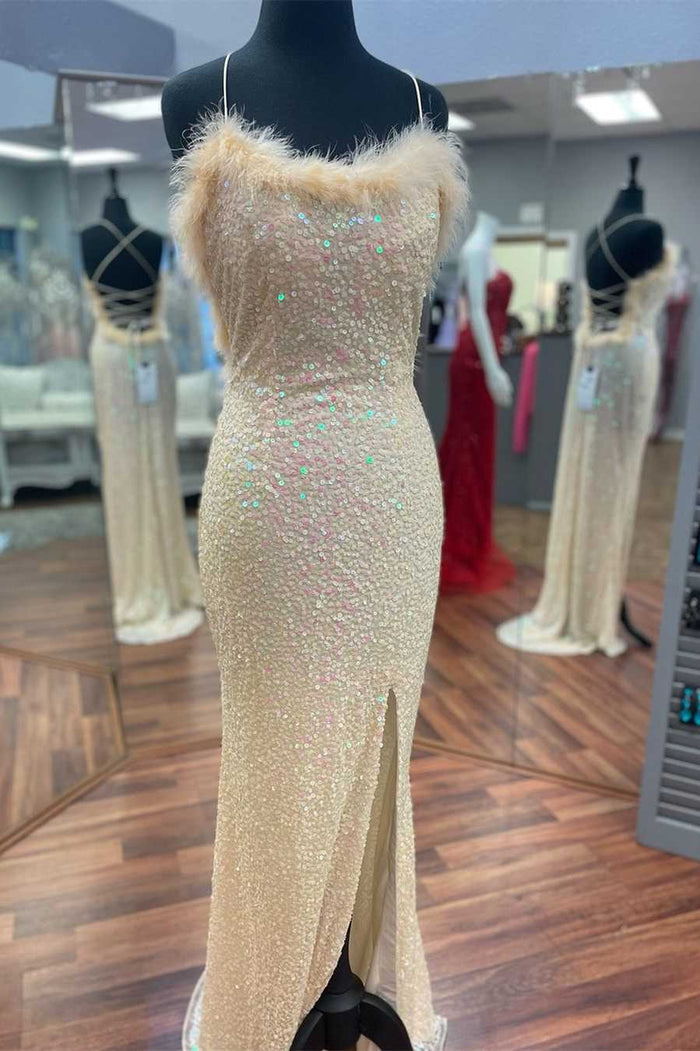 Sexy Champagne Sequins Long Prom Dress with Side Slit – Dreamdressy