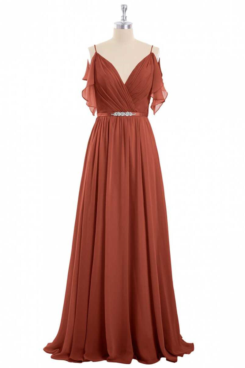 Rust Orange Chiffon Straps Ruffled A-Line Bridesmaid Dress – Dreamdressy