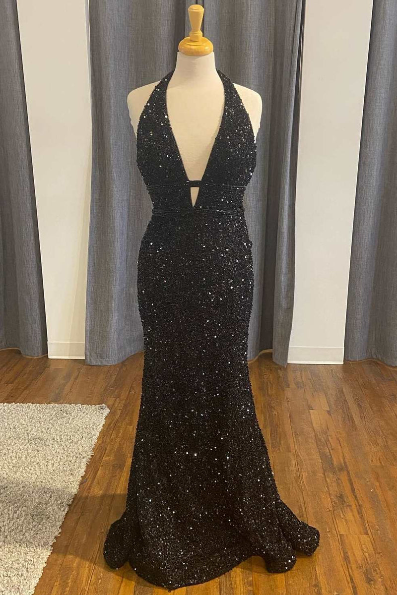 Black Sequin Halter Mermaid Long Prom Dress Dreamdressy