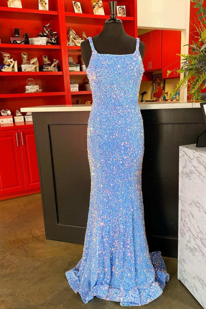 Blue Iridescent Sequin Mermaid Long Prom Dress