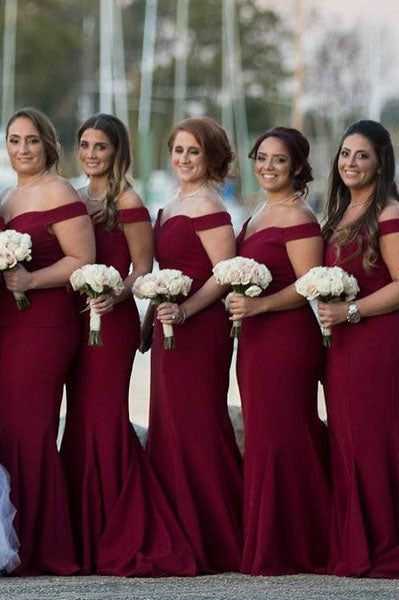 Elegant Off Shoulder Mermaid Wine Red Long Bridesmaid Dress