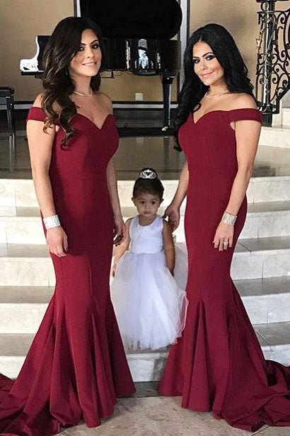 Elegant Off Shoulder Mermaid Wine Red Long Bridesmaid Dress