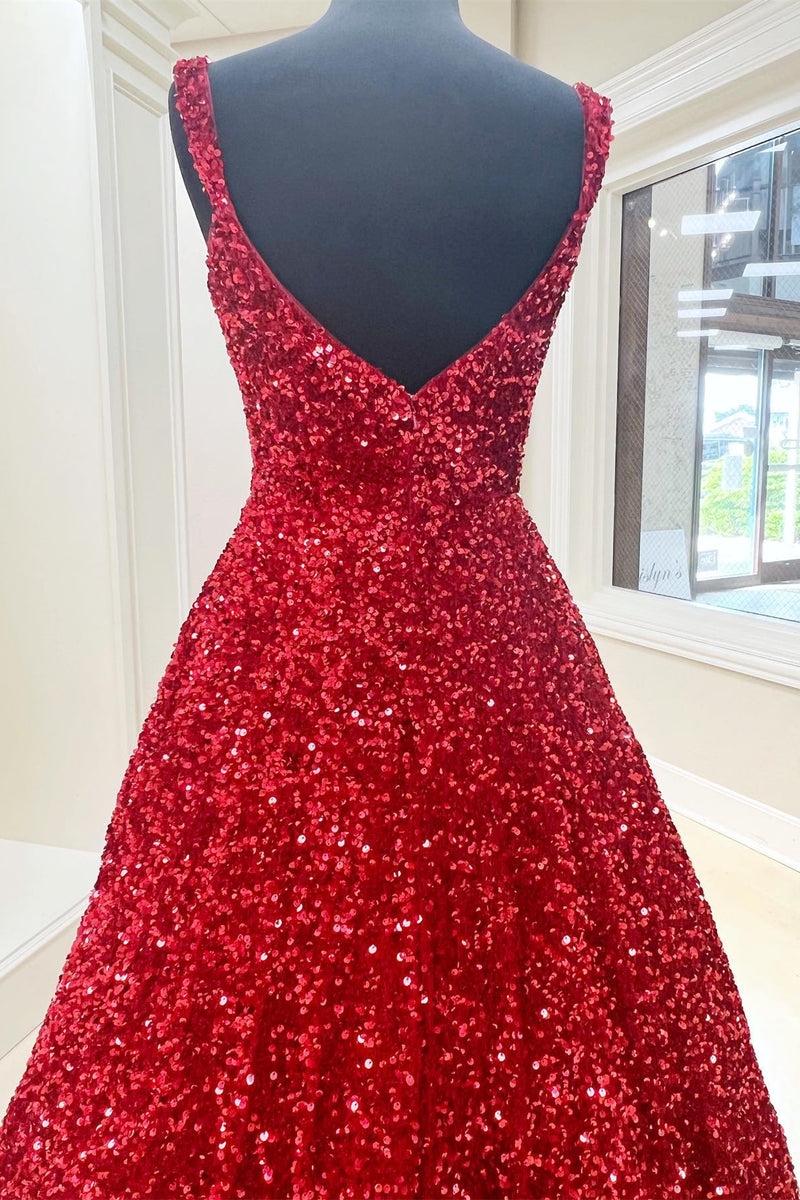 Red Sequin Square Neck Backless A-Line Long Prom Gown – Dreamdressy