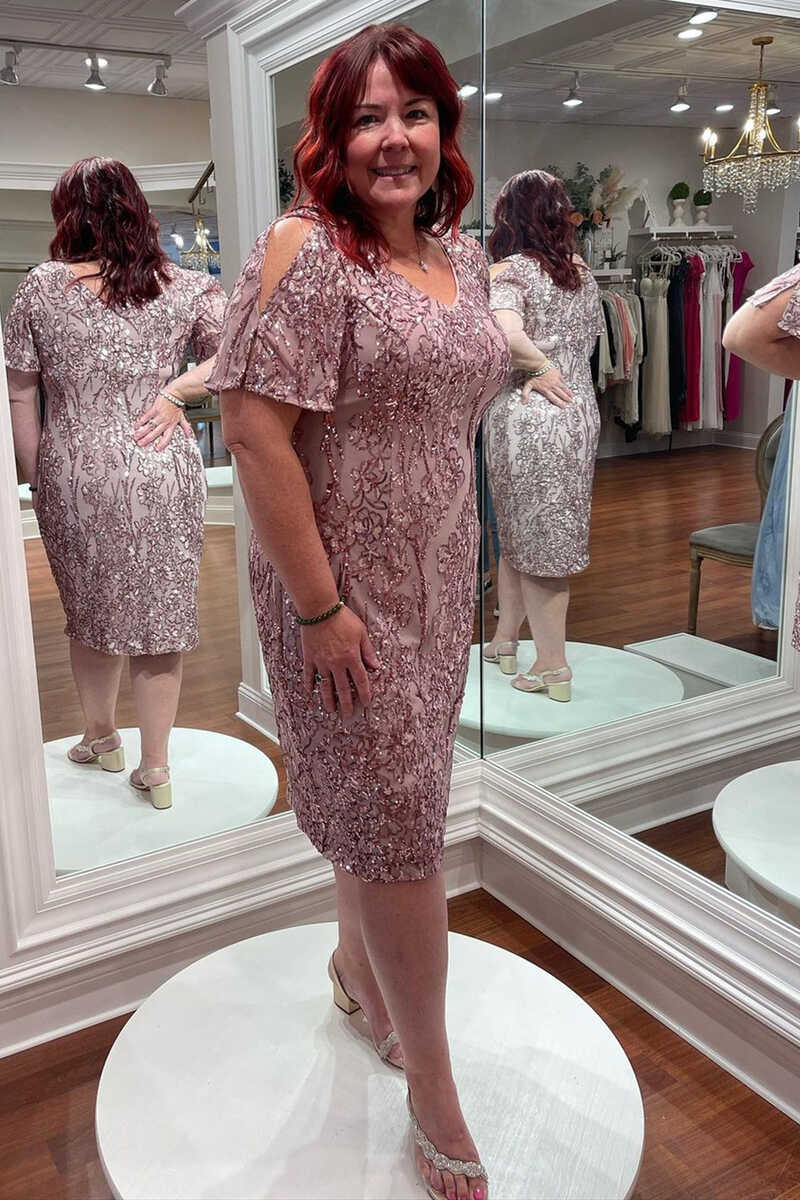 Dusty Pink Sequined V-Neck Cutout Mother of the Bride Dress
