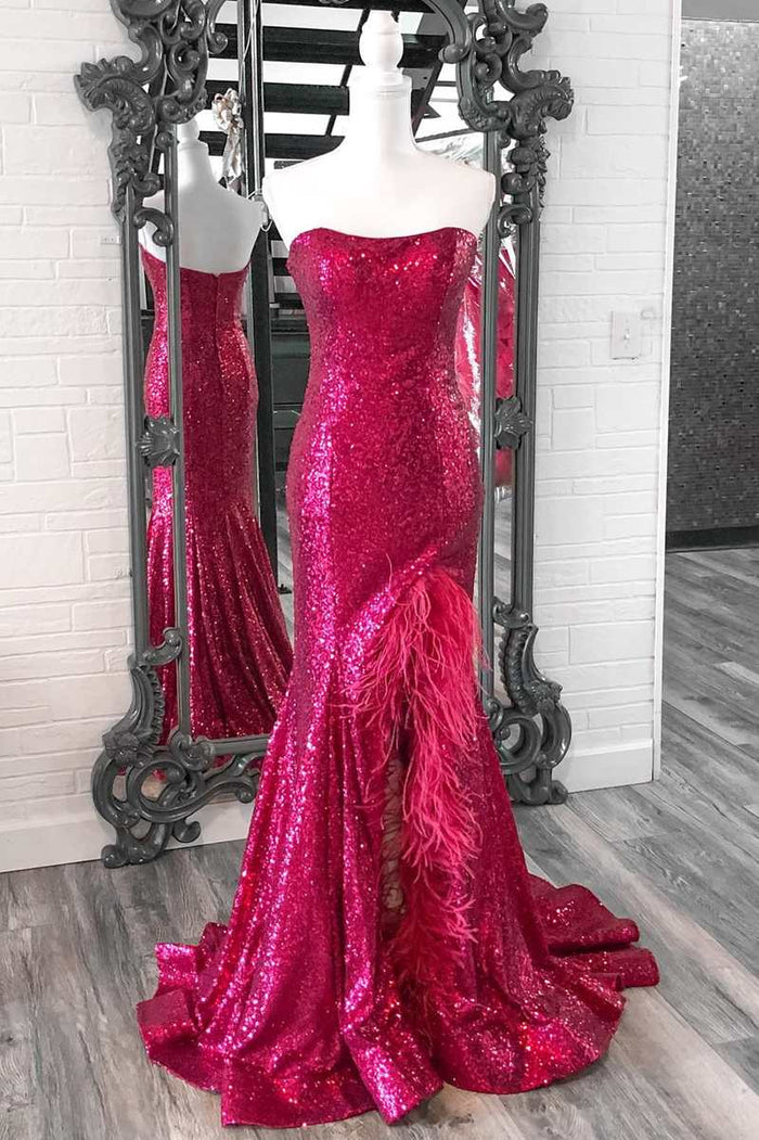 Pink Sequin Sweetheart High Slit Mermaid Prom Dress - Promfy