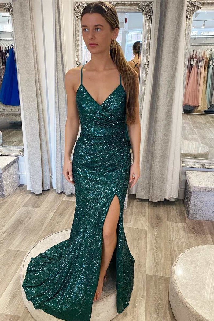 V Neck Hunter Green Sequin Mermaid Long Prom Dress - Xdressy