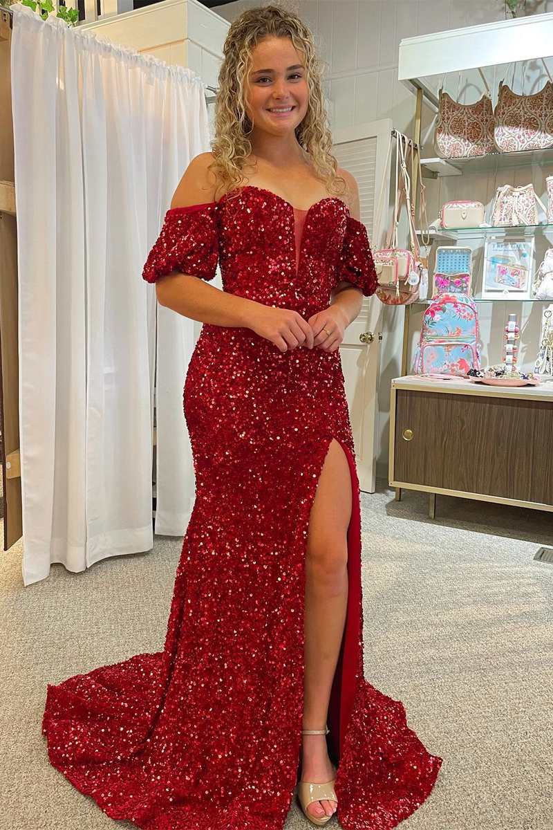 Red Sequin Off-the-Shoulder Mermaid Long Prom Gown with Puff Sleeves ...