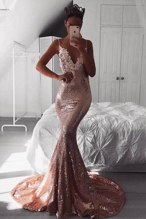 Sexy Rose Gold Sequins Mermaid Long Prom Dress – Dreamdressy